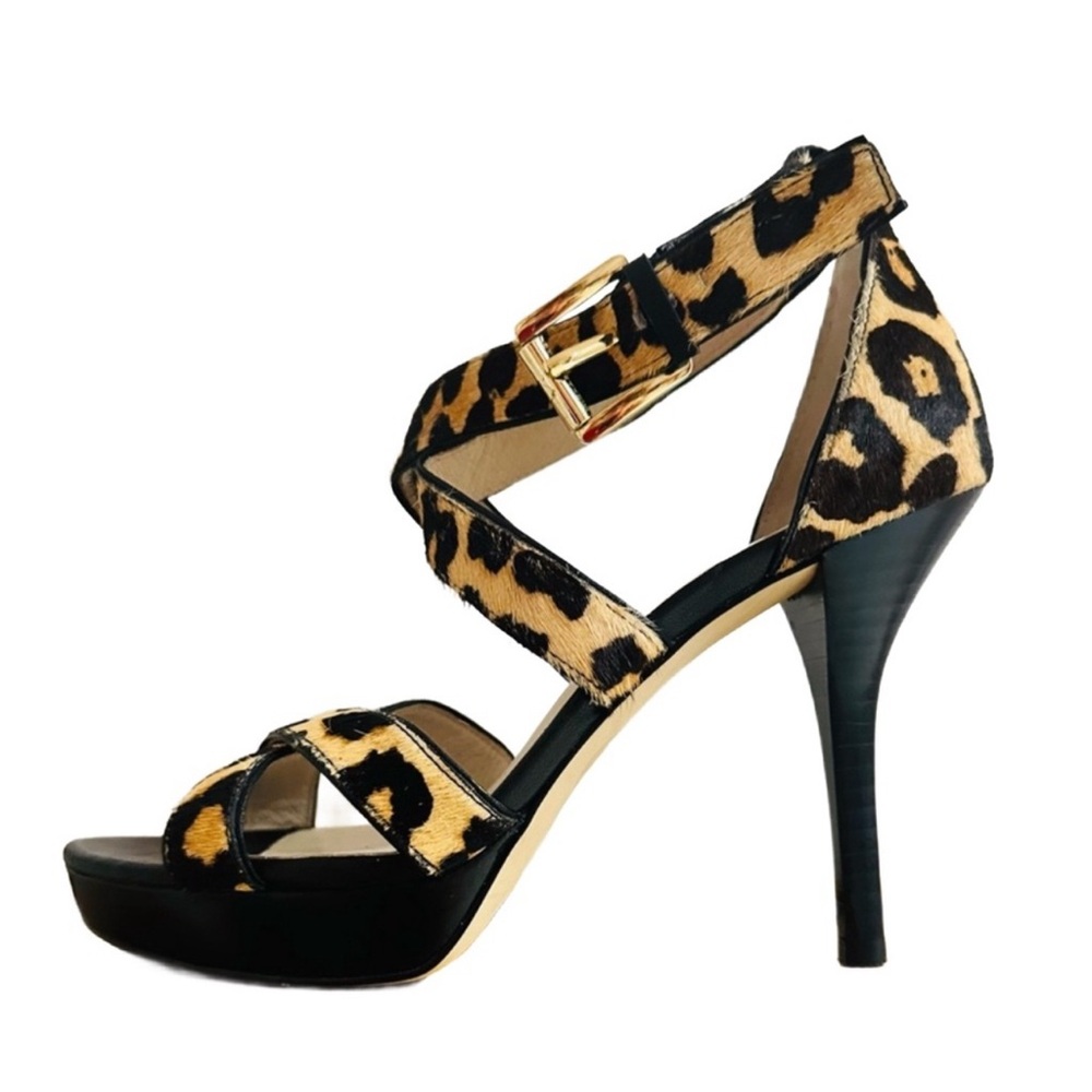 MICHAEL KORS ~ Leopard Print Strap 4” Peep-Toe Heels with Black Accents size 7 - Picture 5 of 9